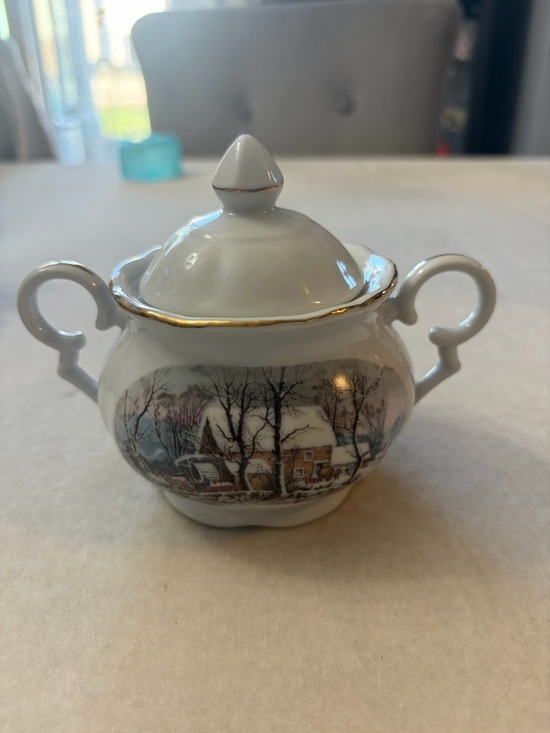 Currier & Ives Other - Porcelain Sugar Bowl with Gold Trim and Winter Scene